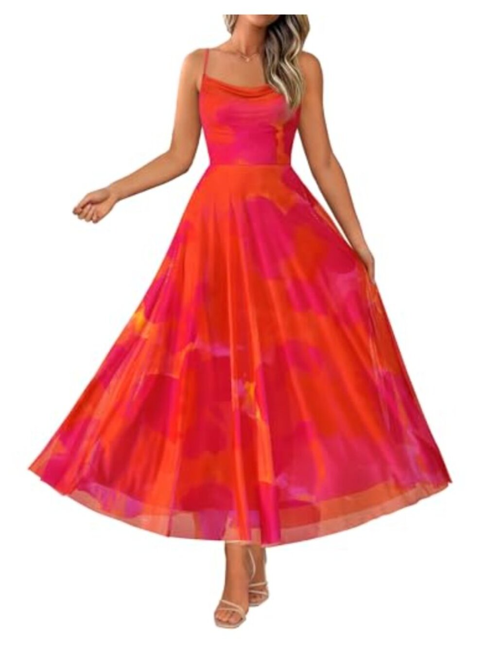 Women Summer Maxi Dress Mesh Cowl Neck A-Line Wedding Guest Formal